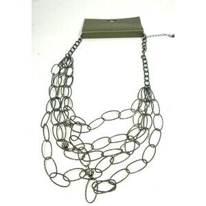 Black Multi Strand Necklace Oval Link Bib Scoop Layered Sparkly Studio S